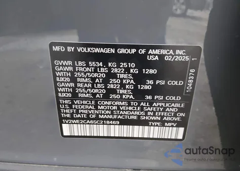 2025 Volkswagen Atlas Cross Sport 2.0T Se W/Technology z USA, uszkodzony, nr VIN 1V2WE2CA6SC218469